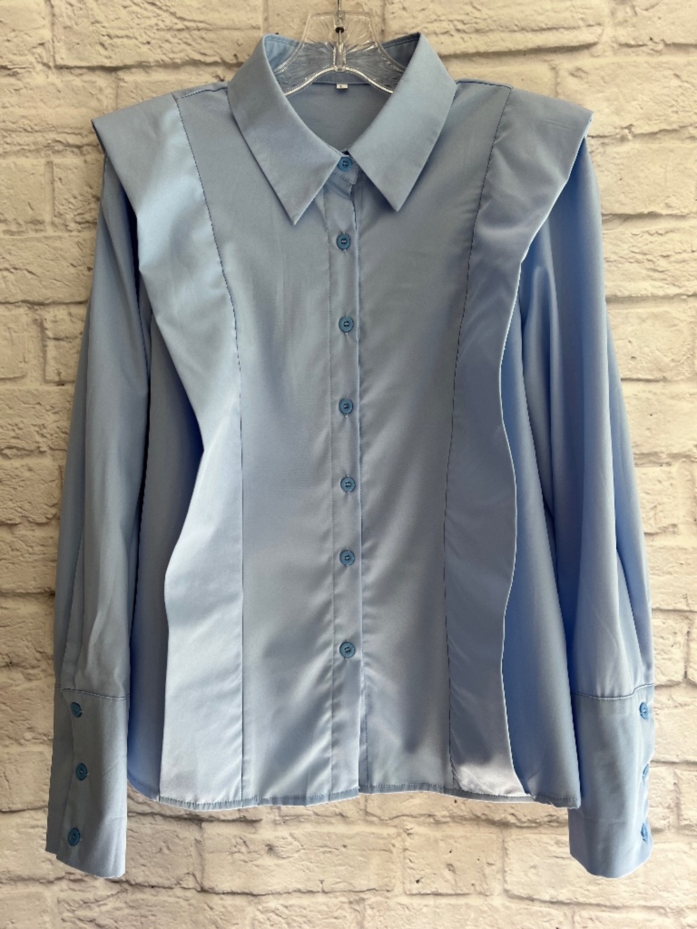 Women’s Light Powder Blue Ruffle Button Front Collared Blouse Size L